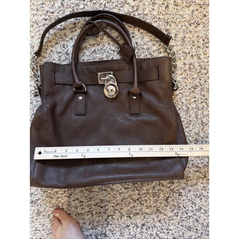 Michael Kors Brown Satchel Chain Strap Padlock Silver Hardware Double Handles - Picture 6 of 8
